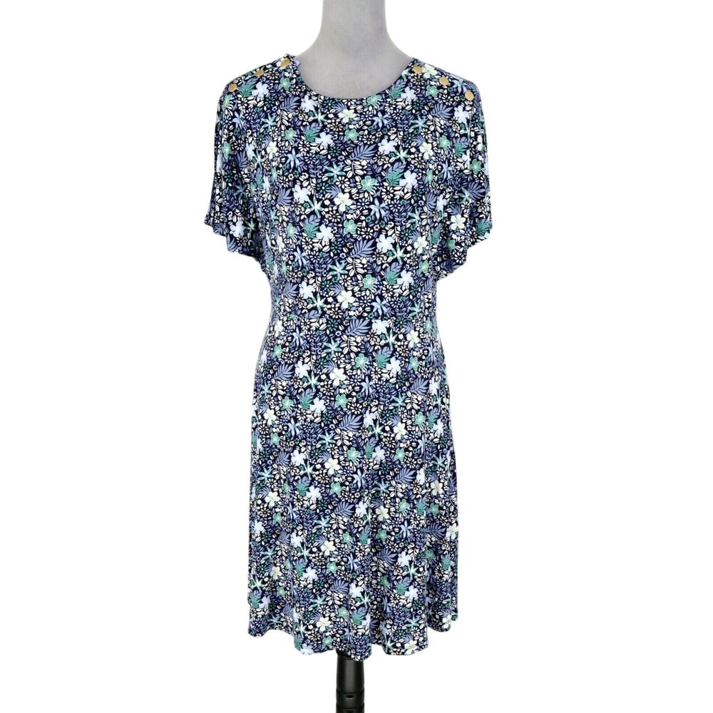 Loft Dress Womens 8 Blue Green Floral Stretch Knit Lined Zip Feminine Romantic